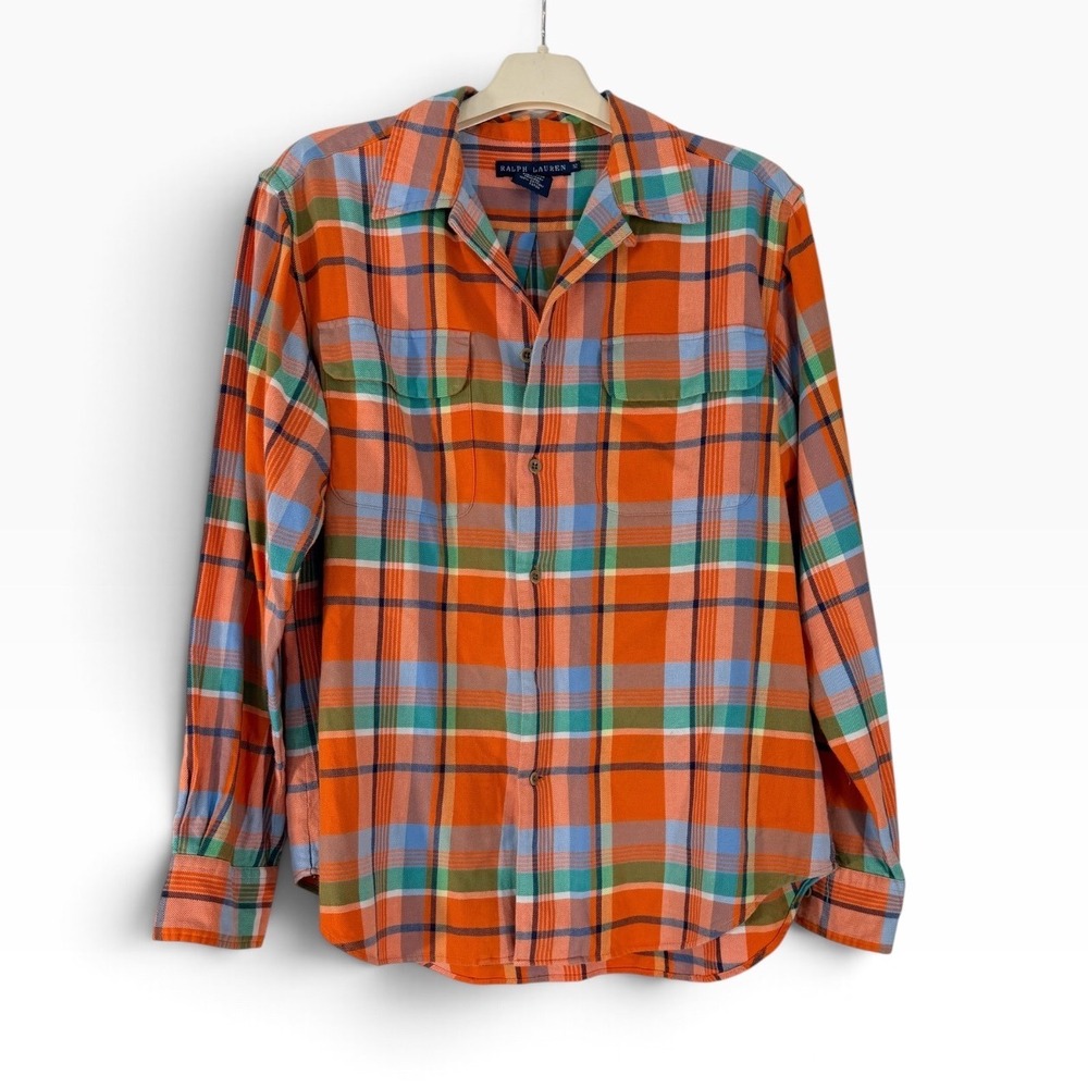 Ralph Lauren Women Orange Blue Green Plaid Flannel Button Down Shirt Size 12